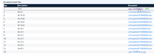A table listing document format files. Columns include Seq, Description, and Document. The list shows various forms like 10-K, EX-10.9, EX-21.1, among others, with links to corresponding files like htm and XBRL.