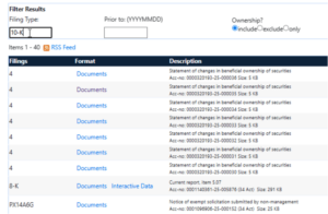 financial filings search result