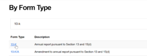 Screenshot of a webpage section titled "By Form Type," with a search result for "10-k." Two results are displayed: "10-K" for the annual report under Sections 13 and 15(d), and "10-K/A" for its amendment. A cursor hovers over "10-K.