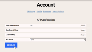 A web page labeled "Account" displays API configuration settings, including user ID, sandbox and live API keys, an API mode dropdown set to "Live," and a blue "GENERATE" button being clicked.