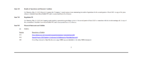 A document page lists items 2.02, 7.01, and 9.01 with descriptions for each, followed by a table with exhibit numbers and titles, including a press release, conference call presentation, and cover page.