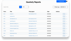 A web page displaying a table titled "Quarterly Reports" with columns for Form, Filer, Filing Agent, Date, and Actions. A blue &ldquo;+ Create Alert&rdquo; button is in the top right corner. Each row lists a company's report with a &ldquo;View&rdquo; button.