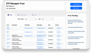 Screenshot of a financial webpage showing SEC filings for ETF Managers Trust, with a list of filings including form types, owners, filing agents, dates, and action buttons. Side panels offer blog links and options to create alerts or mark as favorite.