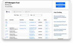 A webpage displays the ETF Managers Trust SEC filing list. The table shows filing name, ownership, filing agent, date, and actions. Options to filter form type and year are at the top. A sidebar contains blog links.