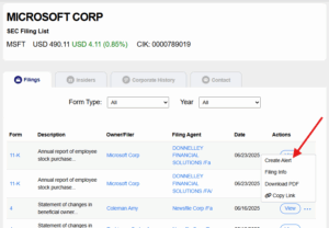 A screenshot of a Microsoft Corp SEC filing list webpage shows several filings with details. A red arrow points to a dropdown menu next to a filing, highlighting the "Create Alert" option.