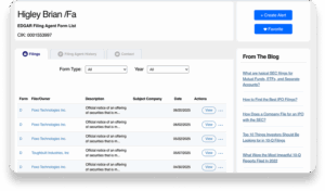 A dashboard displays an EDGAR filing agent form list for Higley Brian, showing five filings with descriptions, dates, and subject companies. Buttons to create an alert and mark as favorite are on the right, along with a blog section.