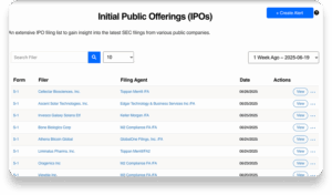 A webpage displays a list of recent Initial Public Offerings (IPOs) with columns for form, filer, filing agent, filing date, and actions to view each filing. A search bar and alert creation button are visible at the top.