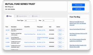 A webpage displays SEC filings for "Mutual Fund Series Trust," listing filing types, owners, companies, and filing dates. Options to filter results and buttons for "Remove Alert" and "Favorite" appear on the right.