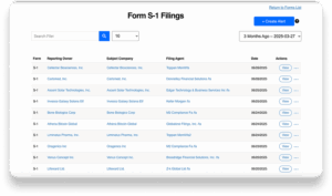 A webpage displays a list of Form S-1 filings, including columns for form type, reporting owner, subject company, filing agent, filing date, and actions. There are filters, a search bar, and a "Create Alert" button at the top.