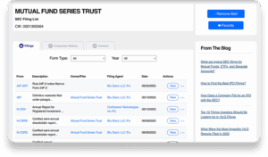 Screenshot of a web page showing a list of SEC filings for the Mutual Fund Series Trust, including form types, descriptions, owners, filing agents, filing dates, actions, and sidebar links to blog articles.