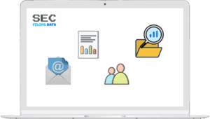 A laptop screen displays four icons: an envelope with an email symbol, a document with bar graphs, two people, and a folder with a magnifying glass and chart. "SEC Filing Data" is written in the top left corner.