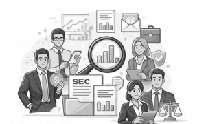 Illustration of five business professionals surrounded by charts, graphs, documents labeled "SEC," a magnifying glass, a dollar coin, a scale, email, and a briefcase, depicting financial analysis and regulation.