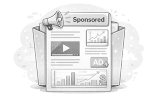 A grayscale illustration of a newspaper labeled "Sponsored" with charts, a video icon, and an "AD" button visible. A megaphone is attached to the top left corner of the newspaper.