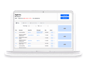 A laptop screen displays a financial dashboard for Apple Inc., showing stock data, filing details in a table, and buttons labeled &ldquo;Create Alert&rdquo; and &ldquo;Favorite.&rdquo; Three boxes labeled &ldquo;ads&rdquo; appear on the right side of the screen.