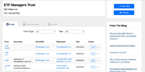 Screenshot of a webpage for ETF Managers Trust, displaying recent SEC filings with columns for form, description, filer, funds, date, and actions. A sidebar features blog links and blue buttons labeled &ldquo;Create Alert&rdquo; for free EDGAR alerts and &ldquo;Favorite.&rdquo;.