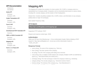 Screenshot of API documentation for a Mapping API, showing details such as the API endpoint URL, supported HTTP methods, response format, and authentication instructions on a webpage.