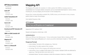 A webpage displays API documentation for the "Mapping API." The page lists API endpoint details, supported methods, authentication instructions, data formats, and a navigation menu on the left.