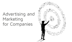 A silhouette of a person interacts with a spiral of marketing-related icons next to the text "Advertising and Marketing for Companies" on a white background.