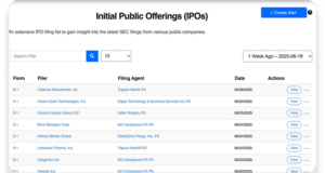 A webpage displaying a table of upcoming IPOs with columns for form, filer, filing agent, date, and actions. At the top, access a search bar, filter dropdown, date range, and a "Create Alert" button for free SEC filing alerts.