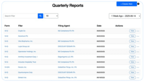 A dashboard titled &ldquo;Quarterly Reports&rdquo; shows a table with search and filter options. The table lists forms, filer names, filing agents, dates, and &ldquo;View&rdquo; buttons for each report entry alongside free SEC filing alerts.