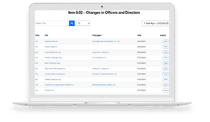 A laptop screen displays a table titled "Item 5.02&mdash;Changes in Officers and Directors," listing form types, filing agents, dates, and action buttons for documents from various dates. A search bar and filter options appear at the top.