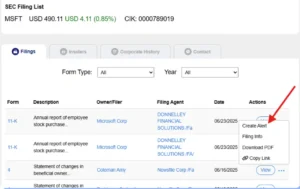 A screenshot of an SEC filing list shows Microsoft Corp filings. An arrow points to the &ldquo;Actions&rdquo; menu for a 2025 report, highlighting options like Create Alert for instant SEC filing notifications, Filing Info, Download PDF, and Copy Link.