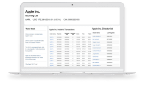 A laptop screen displays financial data for Apple Inc., including stock price, insider transactions, director list, and recent news headlines, in a tabular and text format.