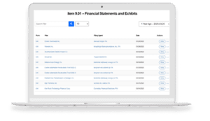 A laptop screen displays a table titled "Item 9.01 &ndash; Financial Statements and Exhibits," listing multiple rows of data with columns for form, title, filing agent, date filed, and actions.