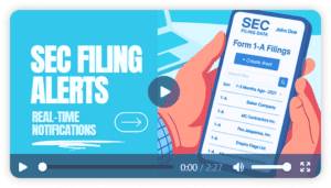 Illustration of a person holding a smartphone displaying SEC Form 1-A filings. The screen shows a list of company names. Text on the left reads "SEC Filing Alerts" and "Real-Time Notifications." A play bar is at the bottom.