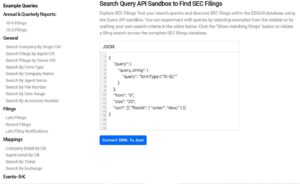 A website interface showing an example JSON query for searching SEC filings. The left sidebar lists various search options and mappings. The center displays the JSON code and a blue "Convert XBRL To Json" button.