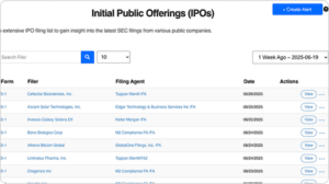 A webpage displays a table of initial public offerings (IPOs) listing the form, filer, filing agent, date, and action buttons. A blue "Create Alert" button for free EDGAR alerts is at the top right, with a search bar above the table.