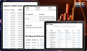 Screenshots of SEC filing data and insider transaction reports for Apple Inc. are displayed on three digital devices against a dark background. The SEC Filing Data logo appears in the upper right corner.