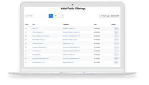A laptop displaying a webpage with a table titled "Initial Public Offerings," listing companies, filing agents, and dates, along with a search bar and filter options at the top.