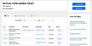 A webpage displays SEC filings for "MUTUAL FUND SERIES TRUST," with document types, owners, filing agents, dates, and action buttons. The sidebar includes options for SEC filing alerts, favoriting filings, and accessing blog links.