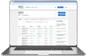 A laptop displays the SEC website showing Apple Inc.&rsquo;s filings list, including form types, descriptions, and filing dates in a table format, with navigation options visible at the top.