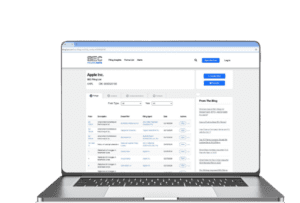 A laptop displaying the SEC EDGAR online database with Apple Inc. search results, showing a list of filings and related details such as form types, dates, and document links.