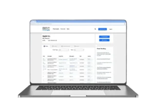 A laptop displaying the SEC&rsquo;s EDGAR database page for Apple Inc., showing a list of company filings, dates, and document types in a table format with navigation and search options.