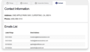 A webpage shows contact information including an address and phone number, followed by a blurred emails list. Navigation tabs at the top read Filings, Insiders, Corporate History, and Contact, with Contact selected.