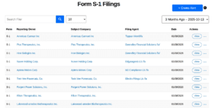 A screenshot of a web page titled "Form S-1 Filings" listing several entries with form type, reporting owner, subject company, filing agent, file date, and actions. A "+ Create Alert" button offers free SEC filing alerts in the top right.