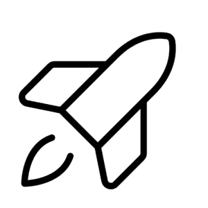 A simple black outline of a rocket ship taking off, shown at an angle, with a curved line for flames beneath&mdash;like launching your SEC Edgar Search to explore company filings. The background is plain white.