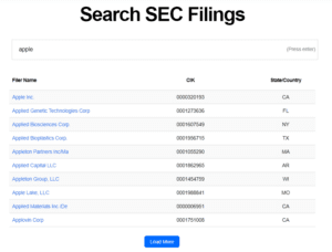 A search results page for SEC filings displays a list of entities with "apple" in their names, showing columns for Filer Name, CIK, and State/Country. A blue "Load More" button is at the bottom.