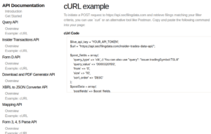 Screenshot of an API documentation page showing a cURL example for posting to an endpoint. The example includes PHP code with API token, URL, query type, and sort order in an array. Text navigation is on the left.