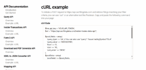 Screenshot of a webpage displaying API documentation. The page shows a "cURL example" section with explanatory text and a code block demonstrating how to use cURL for a POST request using sample variables and parameters.