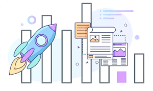 A cartoon rocket flies past bar graphs and digital documents, including a paper with charts, symbolizing progress or growth through digital marketing analytics and SEC Edgar Search.