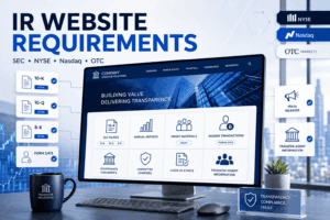Public company investor relations website requirements SEC filings, annual reports, proxy materials, governance documents, insider transactions, and NYSE, Nasdaq, and OTC compliance
