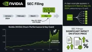 NVIDIA SEC filing timeline from January to May 2024, highlighting a key Form 8-K filing on May 22 as well as regular Form 10-Q and Form 10-K submissions. Line graph shows NVIDIA&rsquo;s stock prices rising sharply after this date, with &ldquo;further momentum&rdquo; indicated.