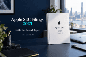 Apple&rsquo;s 2025 Form 10-K beside a laptop