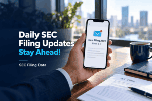 A person holds a smartphone displaying a &ldquo;New Filing Alert Form 8-K&rdquo; notification, next to text reading &ldquo;Daily SEC Filing Updates, Stay Ahead!&rdquo; and a document labeled &ldquo;SEC Filing.&rdquo;
