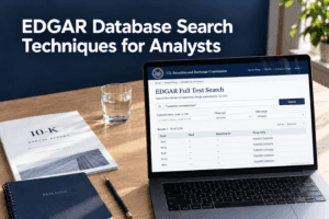 Laptop displaying the SEC EDGAR search page next to a 10-K annual report and a financial analysis research notebook.