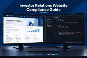 Two computer monitors side-by-side, one displaying an Investor Relations company website and the other showing Python code for an SEC filing API, with text above reading &ldquo;Investor Relations Website Compliance Guide.&rdquo;